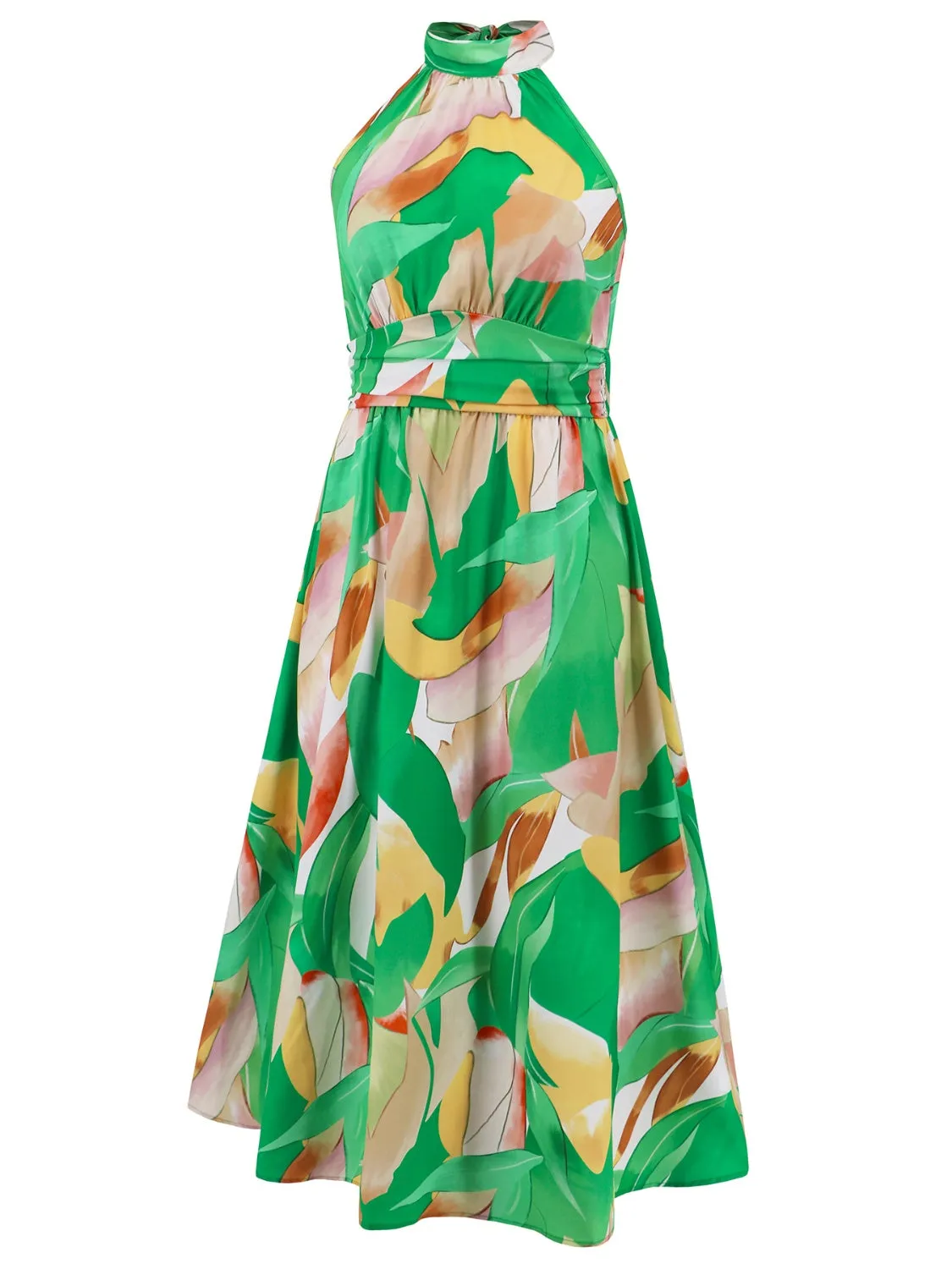 Sunset Vacation Ruched Printed Halter Neck Sleeveless Dress