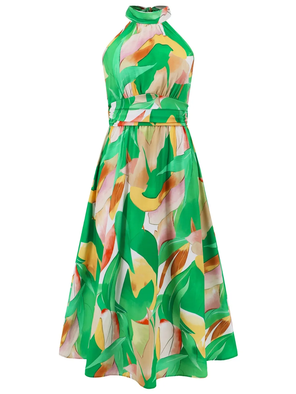 Sunset Vacation Ruched Printed Halter Neck Sleeveless Dress