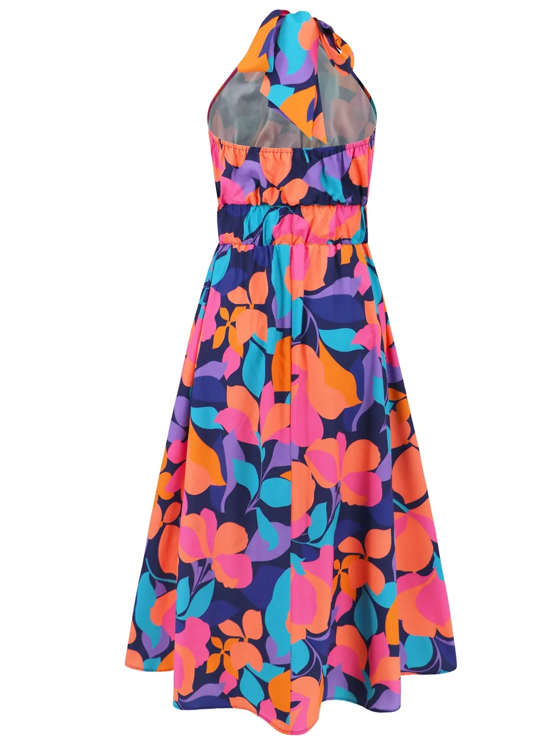 Sunset Vacation Ruched Printed Halter Neck Sleeveless Dress