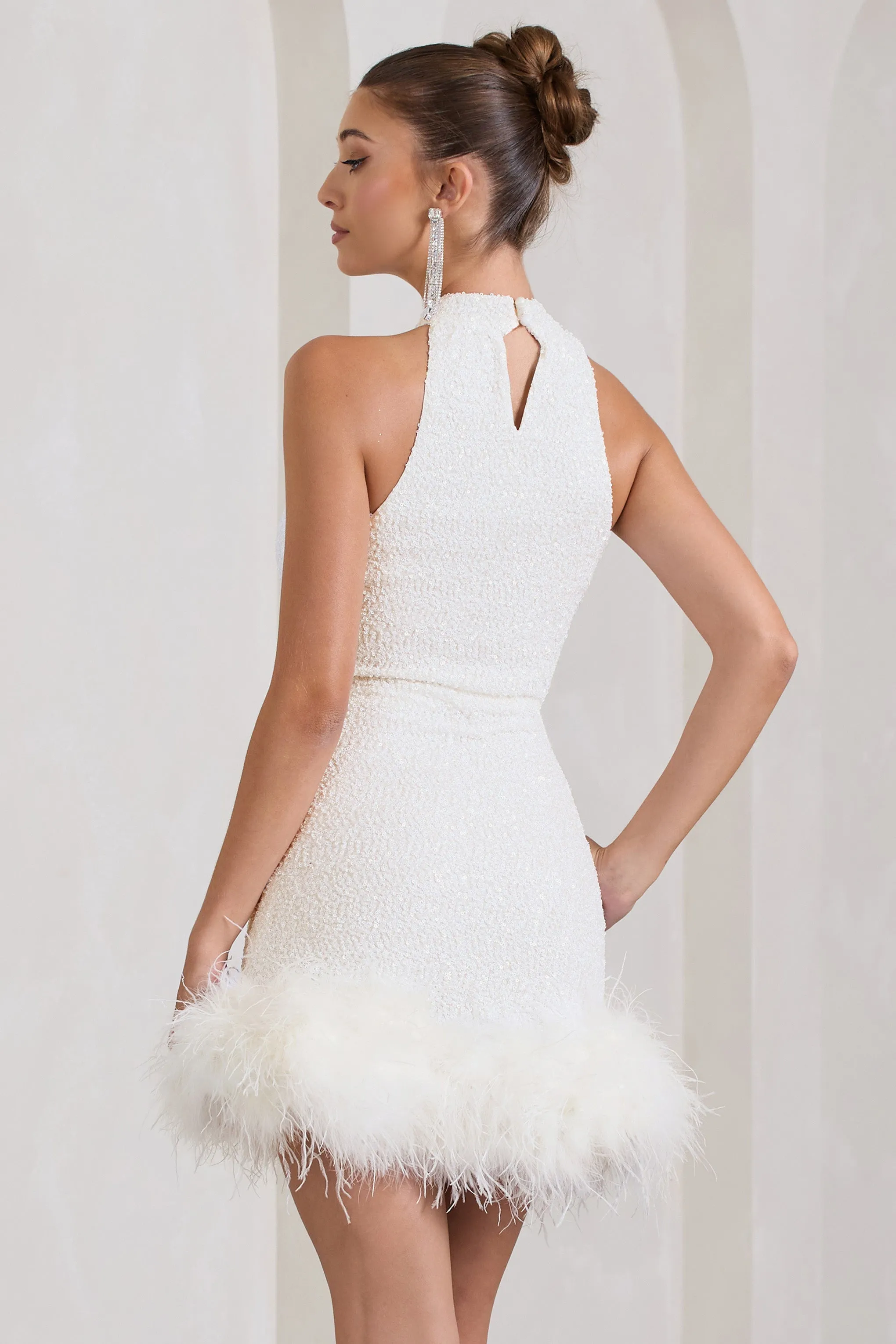 Tillie | White Sequin High Neck Trapeze Mini Dress With Feather Hem Detail