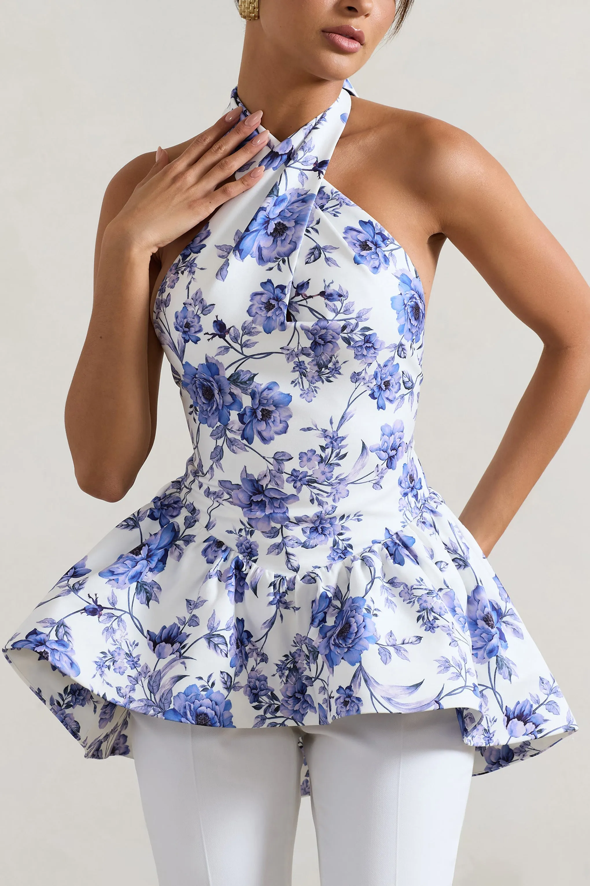 Tonya | Blue Floral Print Tailored Halter-Neck Peplum Top