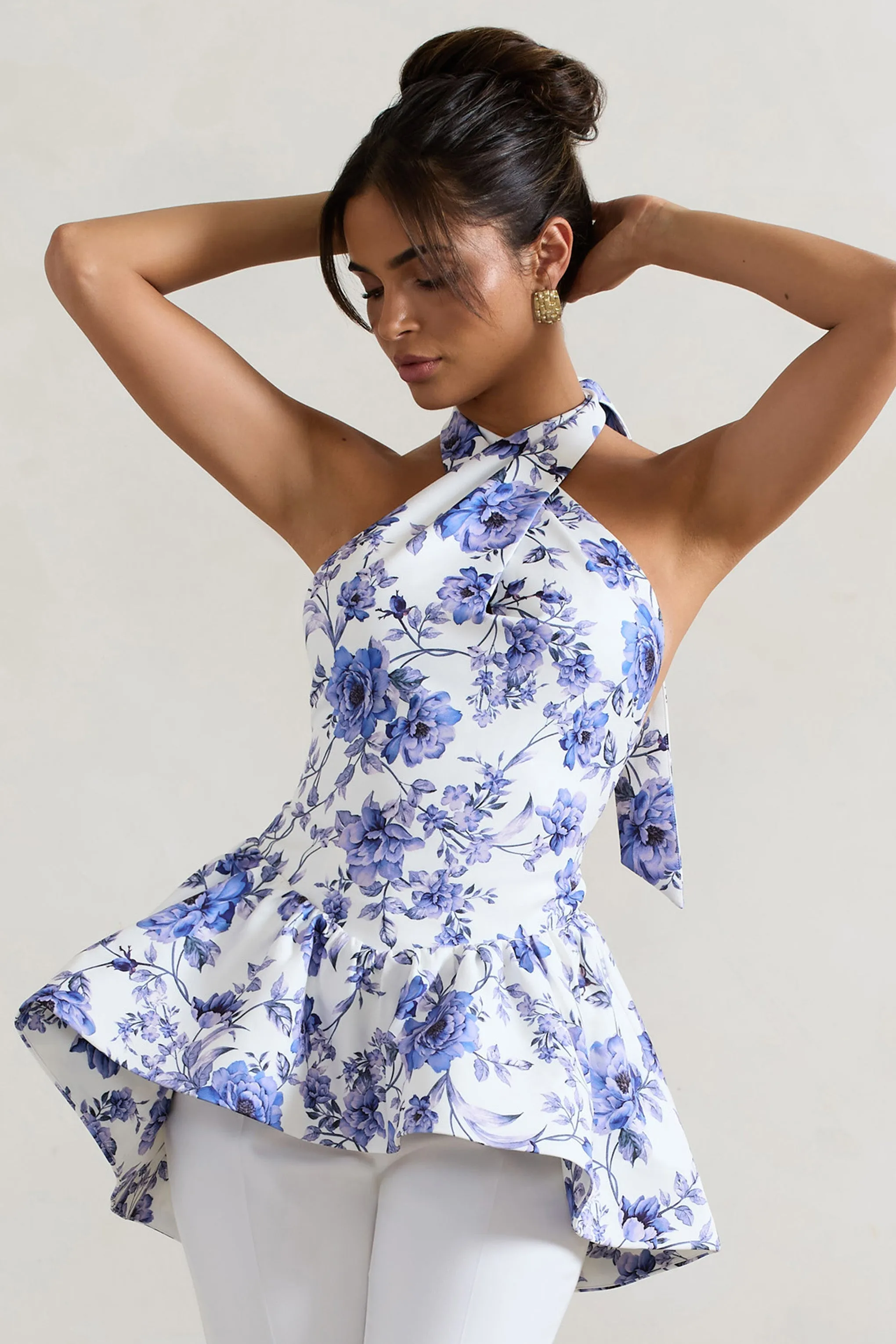 Tonya | Blue Floral Print Tailored Halter-Neck Peplum Top