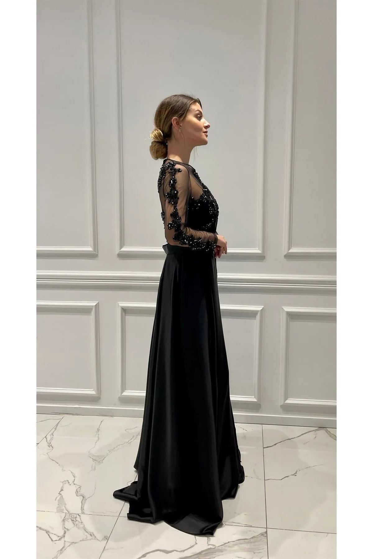 Transparent Back Detailed Satin Evening Dress - Trendyol Modest