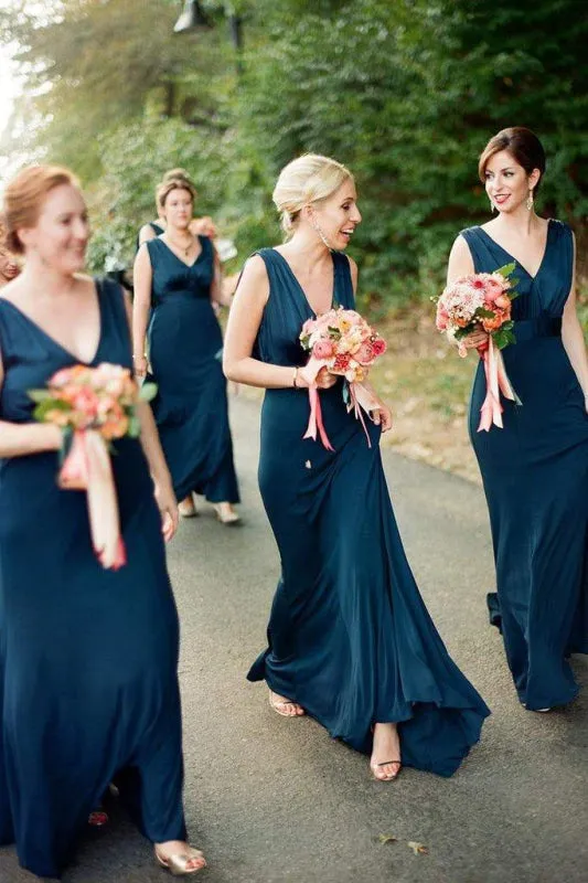 Unique V Neck Sleeveless Modern Long Bridesmaid Dress