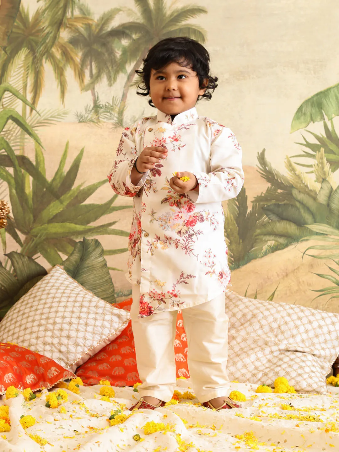 VASTRAMAY Boy's Cream Floral Printed Angrakha Kurta Pyjama Set