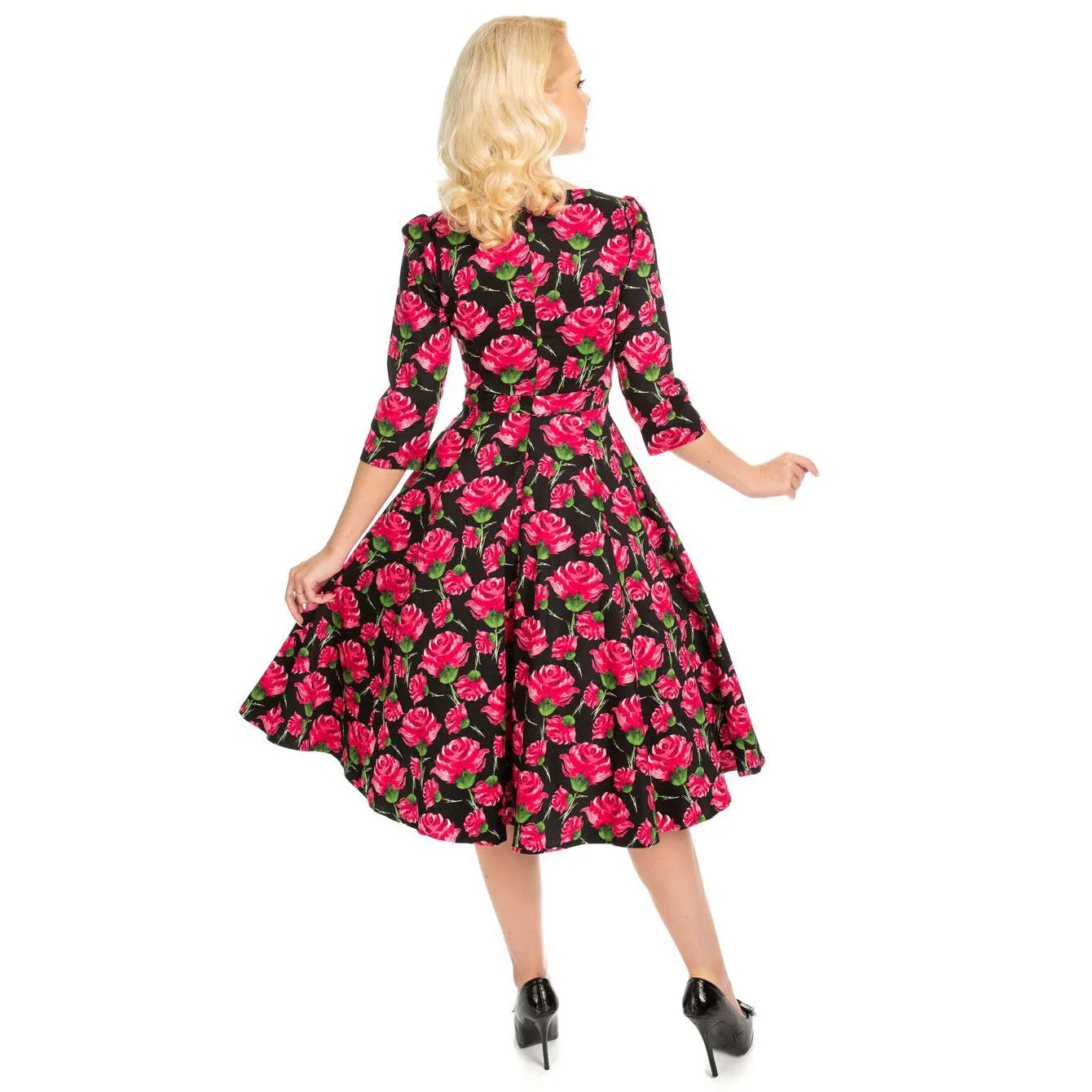 Vintage Black Red Rose Floral Print 3/4 Sleeve 50s Swing Dress