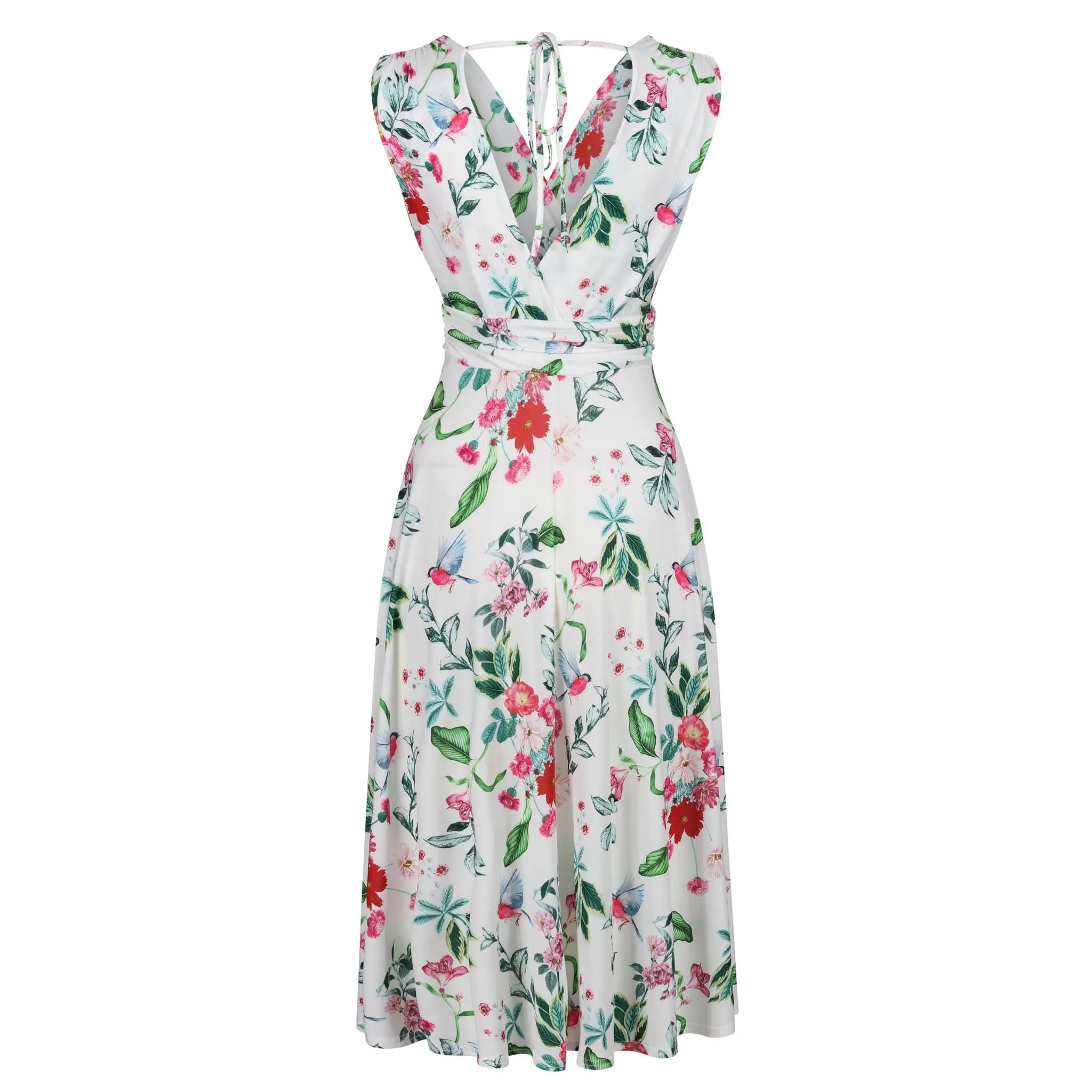 White and Red Floral V Neck Crossover Top Empire Waist Swing Dress