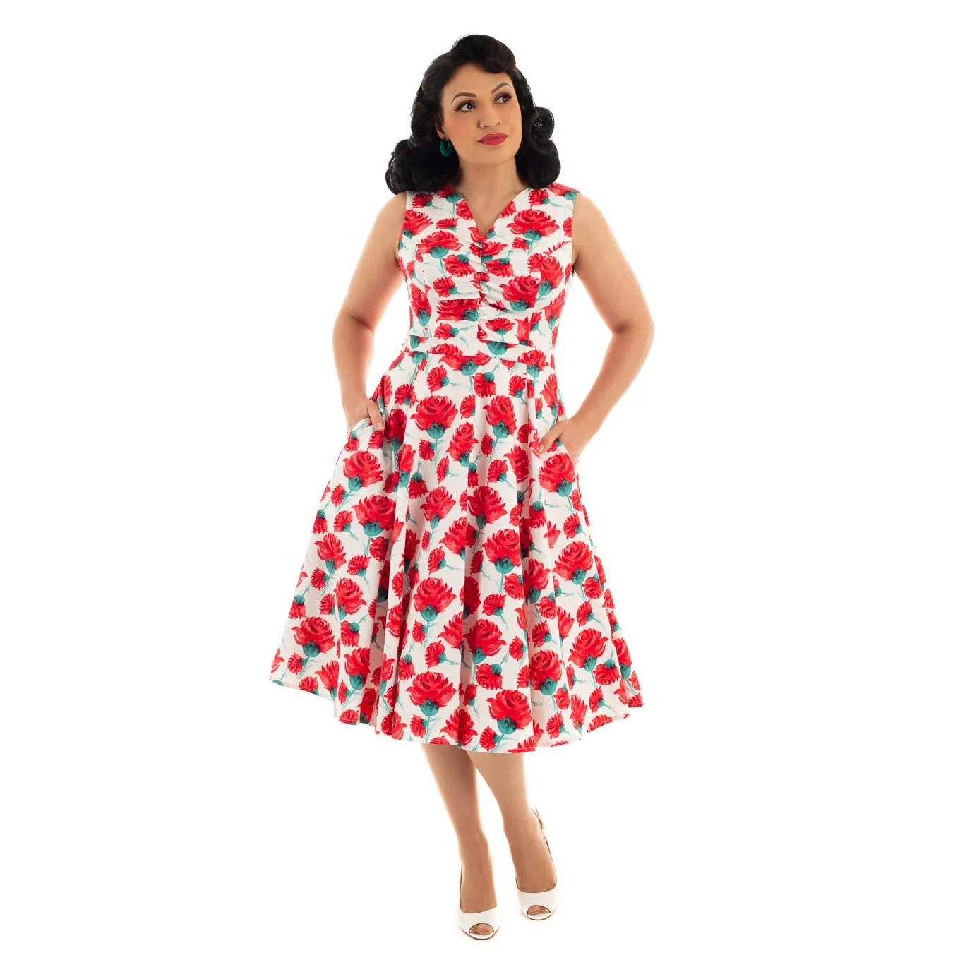 White And Red Rose Vintage V Neck Floral Print Swing Dress