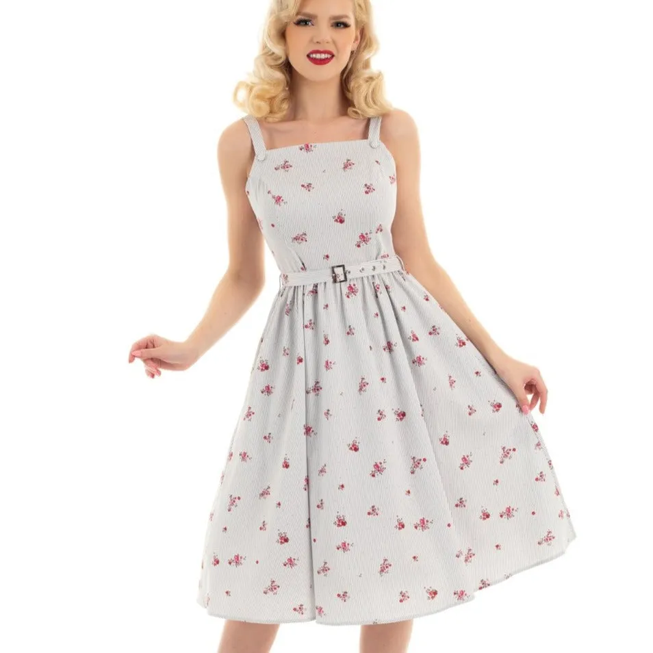 White Blue Grey Pin Stripe Floral Print Strappy Rockabilly 50s Swing Dress