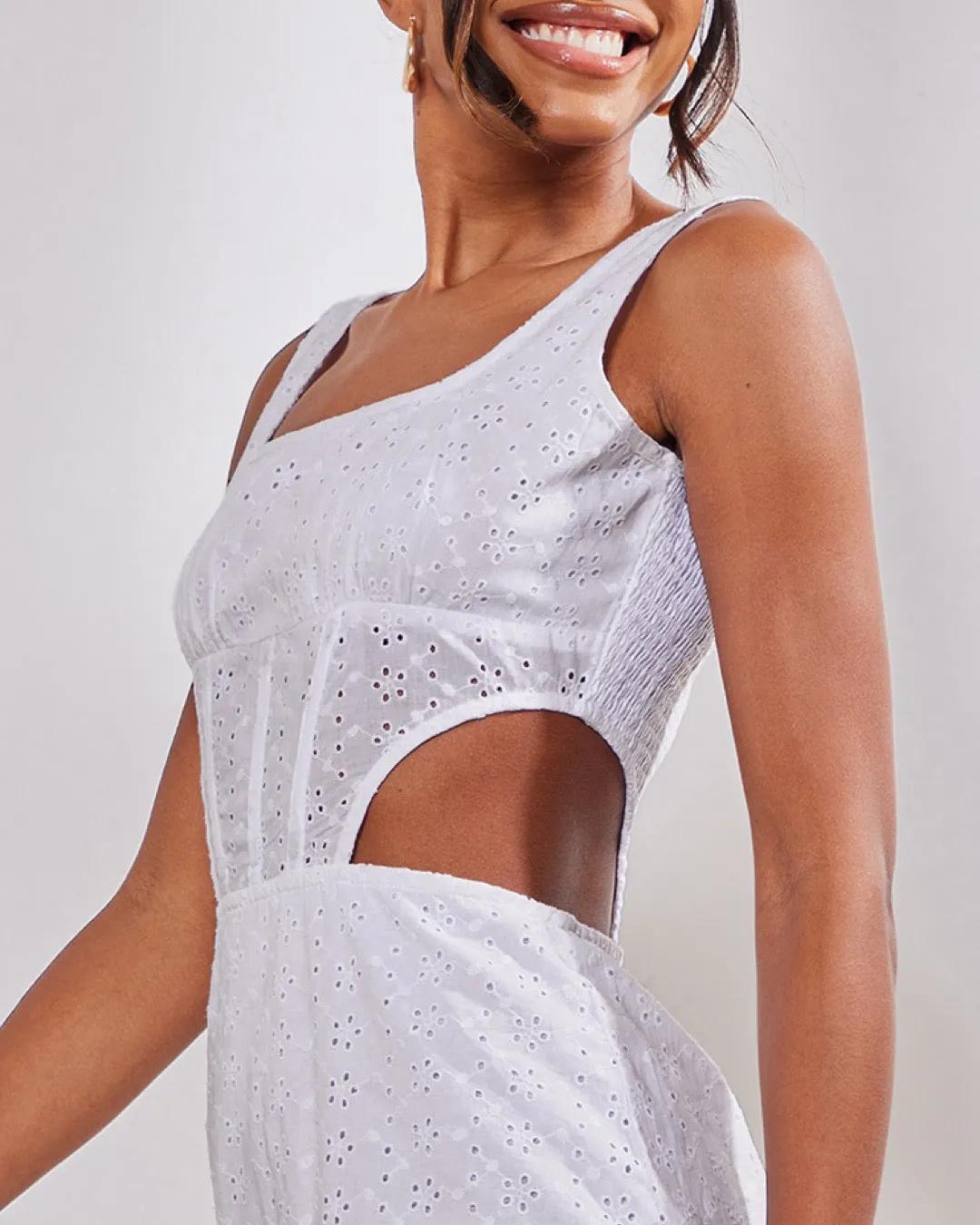 White Broderie Anglaise Corset Detail Tiered Midaxi Dress