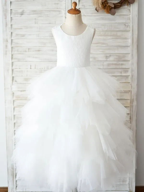 White Crossed-Lace Formal Kids Pageant Dresses Tulle Sleeveless Flower Girl Dresses