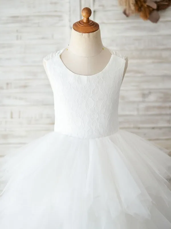 White Crossed-Lace Formal Kids Pageant Dresses Tulle Sleeveless Flower Girl Dresses