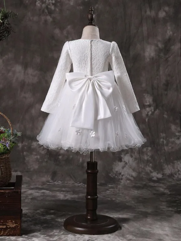 White Long Sleeves Flowers Formal Kids Pageant Dresses Flower Girl Dresses