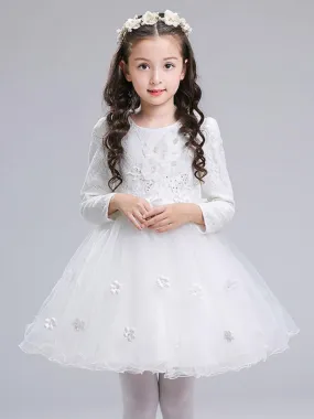 White Long Sleeves Flowers Formal Kids Pageant Dresses Flower Girl Dresses