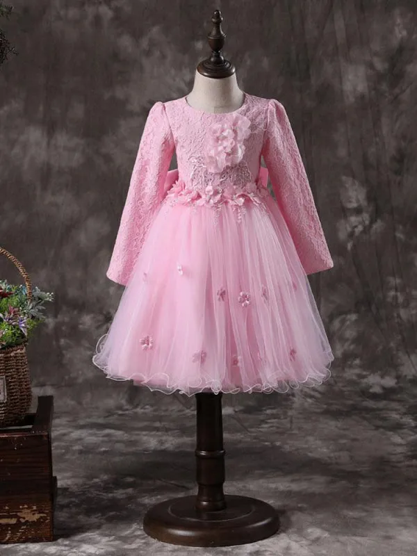 White Long Sleeves Flowers Formal Kids Pageant Dresses Flower Girl Dresses