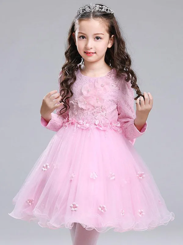 White Long Sleeves Flowers Formal Kids Pageant Dresses Flower Girl Dresses