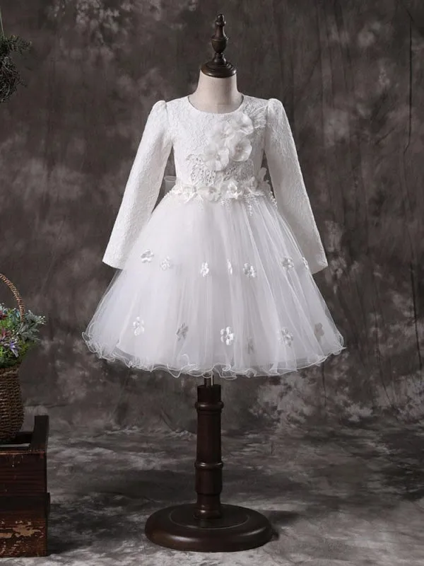 White Long Sleeves Flowers Formal Kids Pageant Dresses Flower Girl Dresses