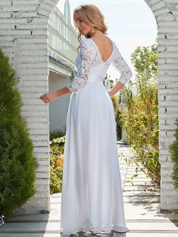 White Simple Wedding Dress Lace Jewel Neck Lace Chiffon Half Sleeves Natural Waist A-Line Bridal Dresses