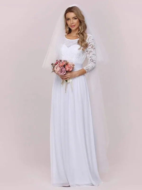 White Simple Wedding Dress Lace Jewel Neck Lace Chiffon Half Sleeves Natural Waist A-Line Bridal Dresses