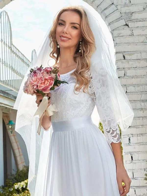 White Simple Wedding Dress Lace Jewel Neck Lace Chiffon Half Sleeves Natural Waist A-Line Bridal Dresses