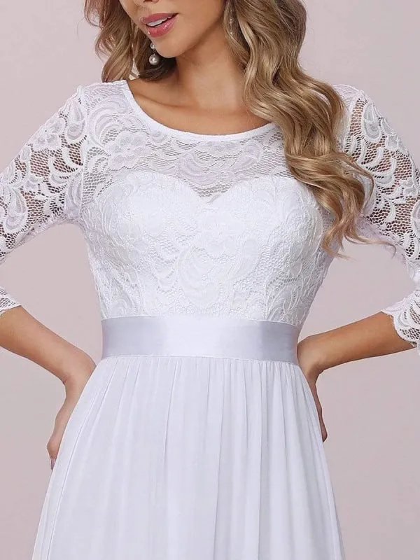 White Simple Wedding Dress Lace Jewel Neck Lace Chiffon Half Sleeves Natural Waist A-Line Bridal Dresses