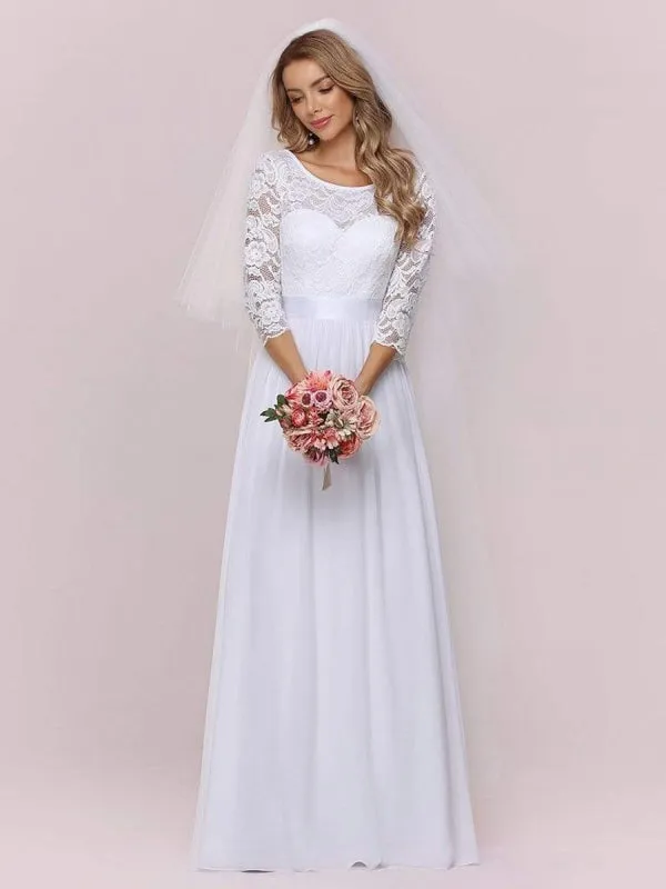 White Simple Wedding Dress Lace Jewel Neck Lace Chiffon Half Sleeves Natural Waist A-Line Bridal Dresses