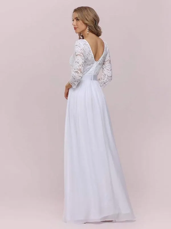 White Simple Wedding Dress Lace Jewel Neck Lace Chiffon Half Sleeves Natural Waist A-Line Bridal Dresses