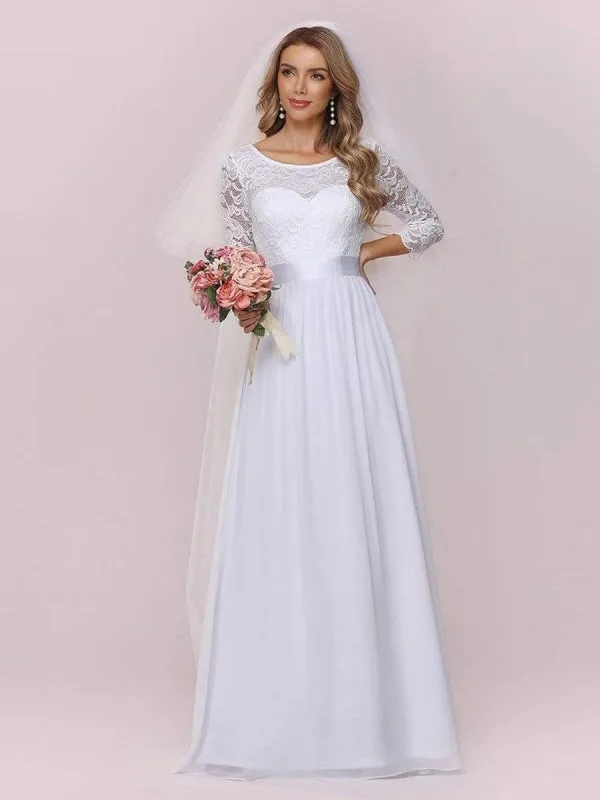 White Simple Wedding Dress Lace Jewel Neck Lace Chiffon Half Sleeves Natural Waist A-Line Bridal Dresses