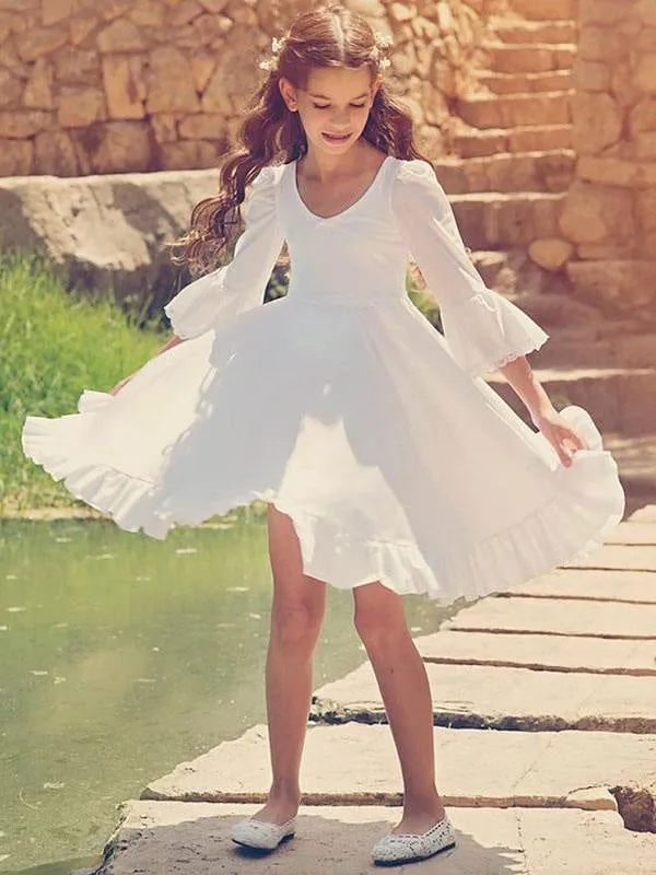 White V-Neck Flower Girl Dresses Long Sleeves Formal Kids Dresses