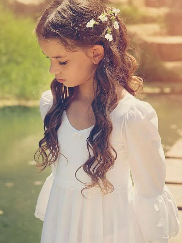 White V-Neck Flower Girl Dresses Long Sleeves Formal Kids Dresses