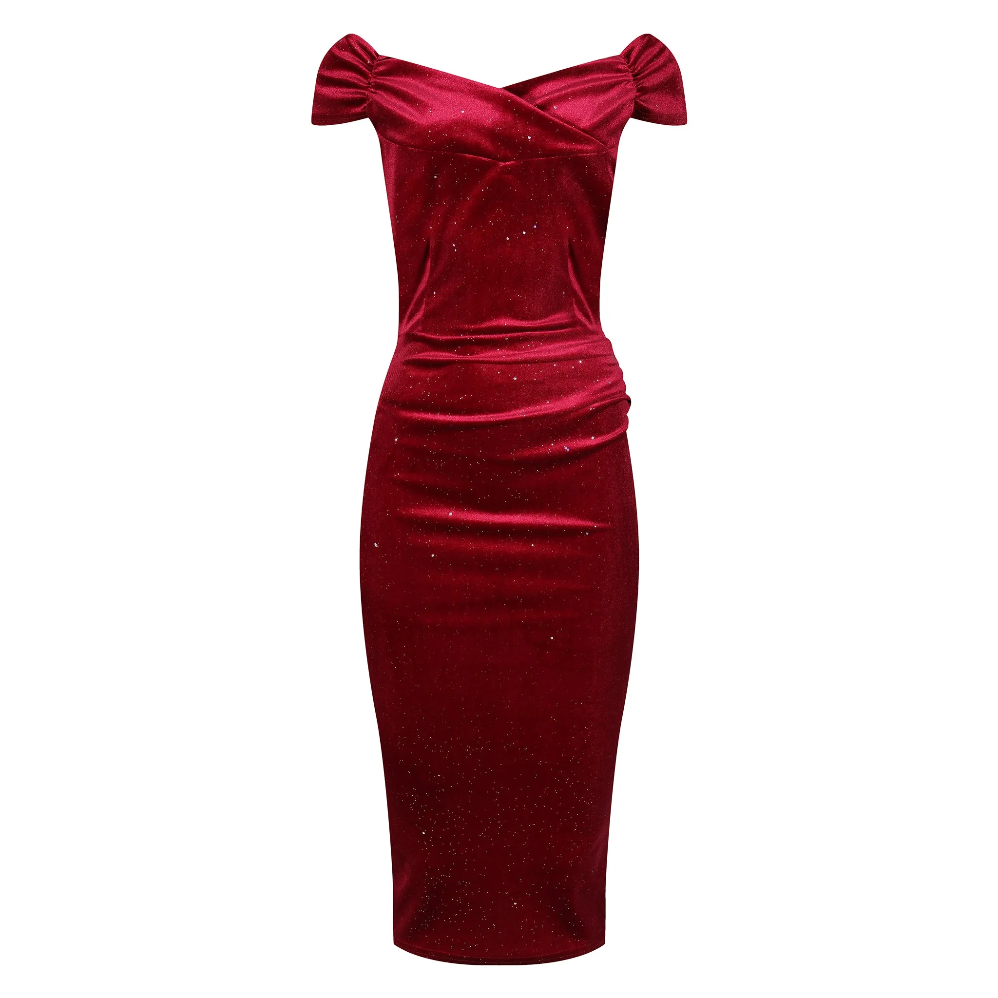 Wine Red Velour Sparkle Cap Sleeve Crossover Top Bardot Wiggle Dress