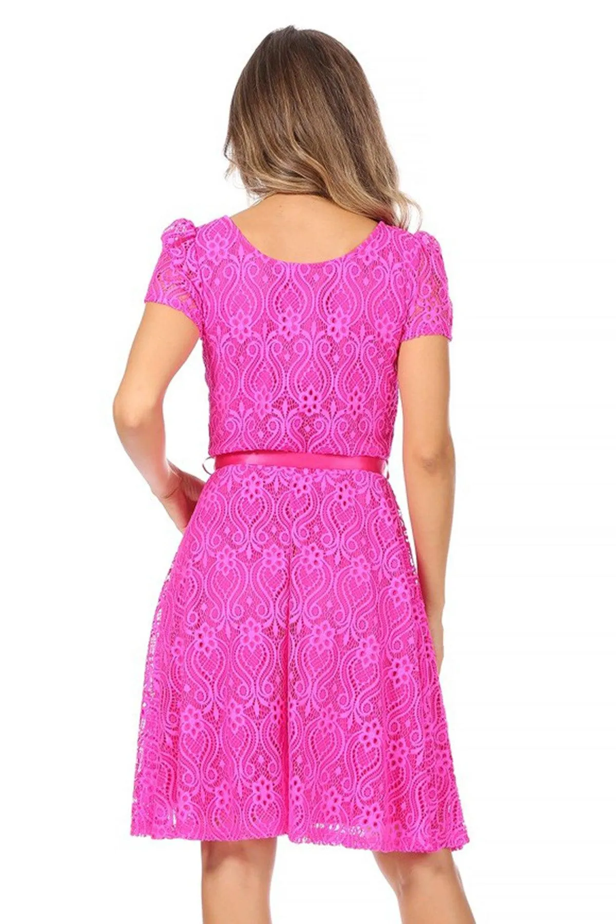 Women's Lace Short Sleeve A-Line Party Midi Dress