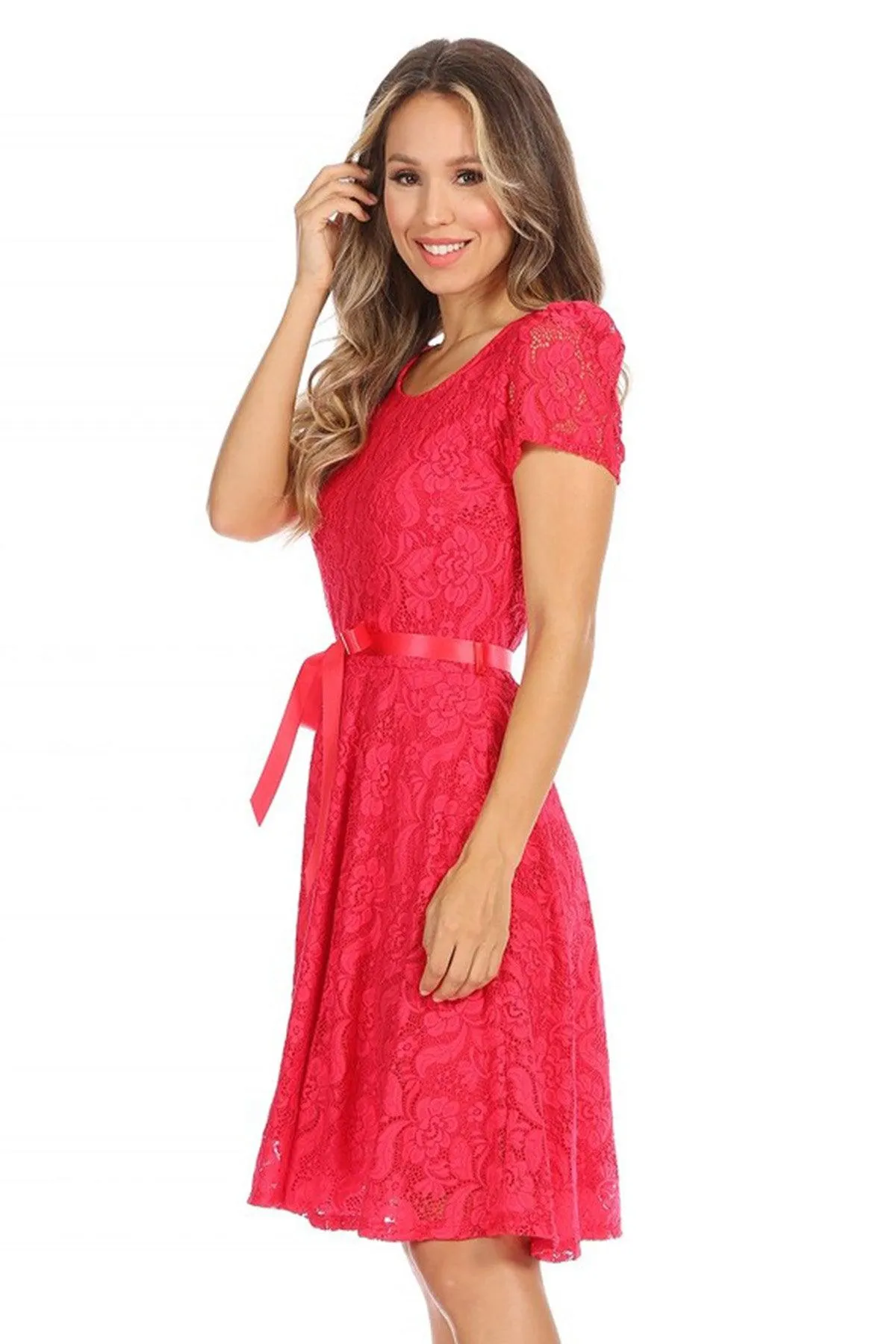 Women's Lace Short Sleeve A-Line Party Midi Dress