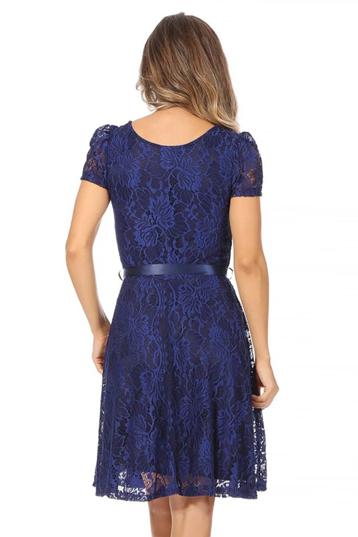 Women's Lace Short Sleeve A-Line Party Midi Dress