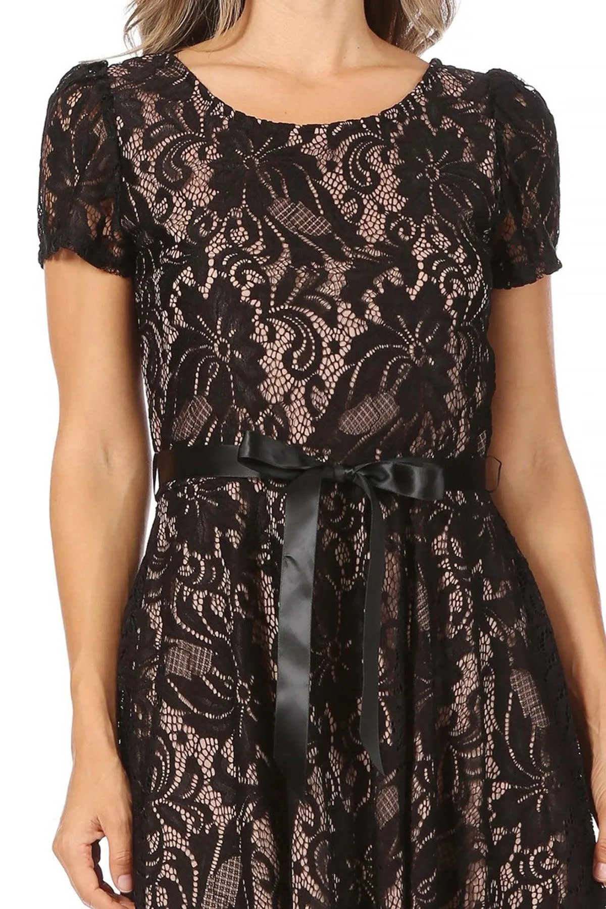 Women's Lace Short Sleeve A-Line Party Midi Dress