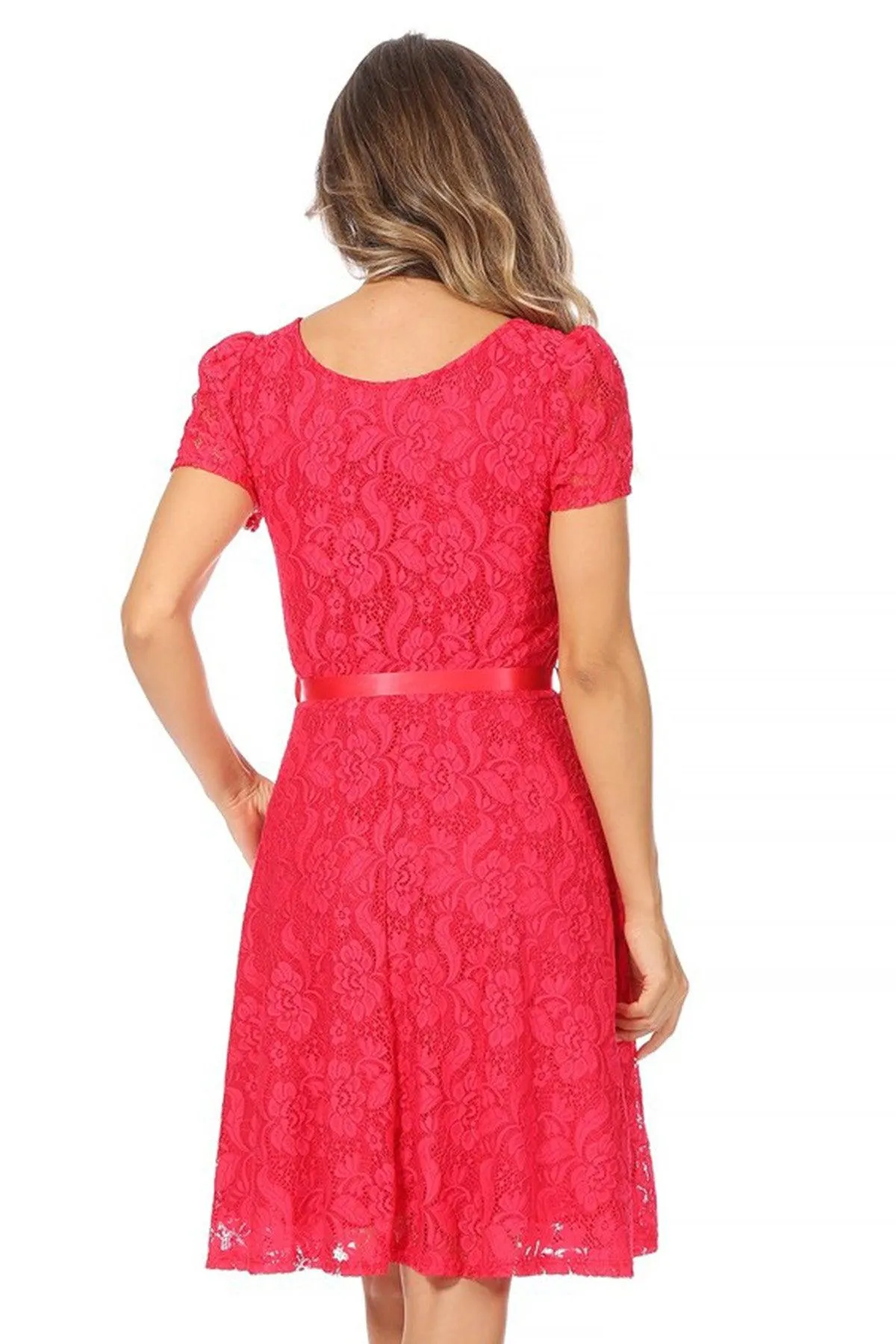 Women's Lace Short Sleeve A-Line Party Midi Dress