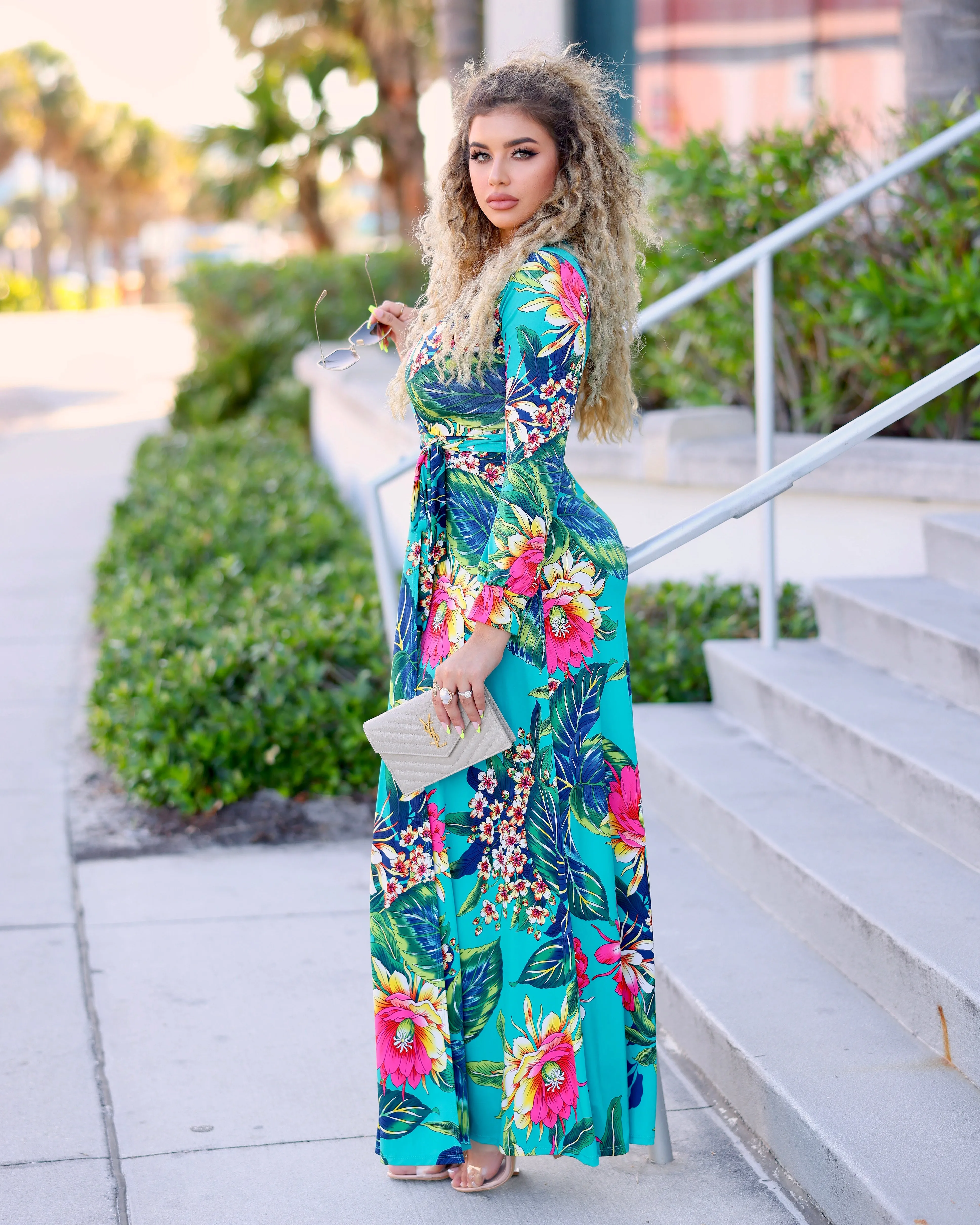 Zinnia Long sleeves Wrap Maxi Dress - Teal